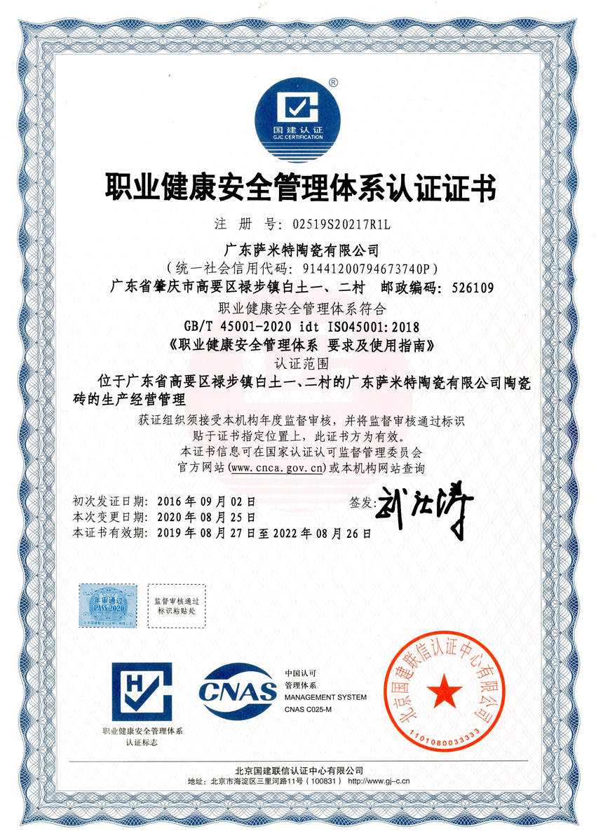 广东萨米特职业健康安全管理体系认证